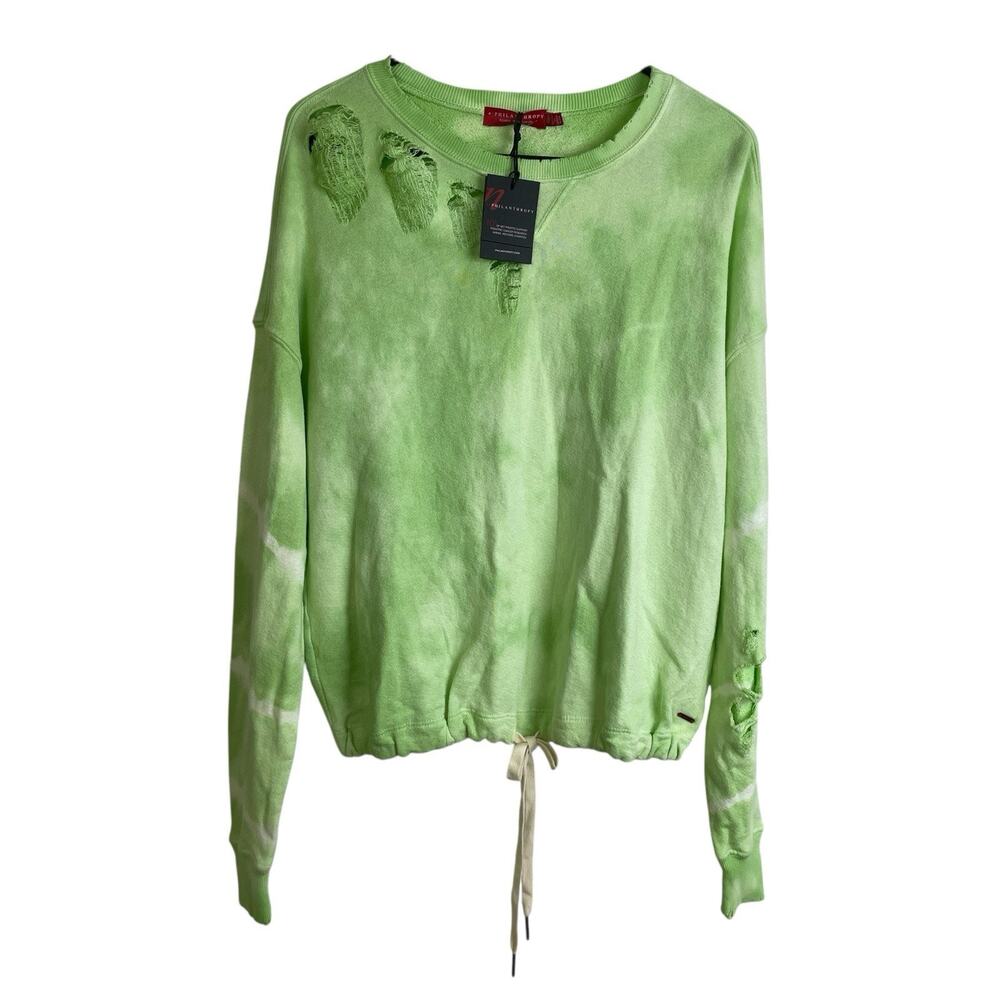 N: Philanthrophy Sweater Womens Size XS Green Tie Dye Destroyed Cinch Hem NWT